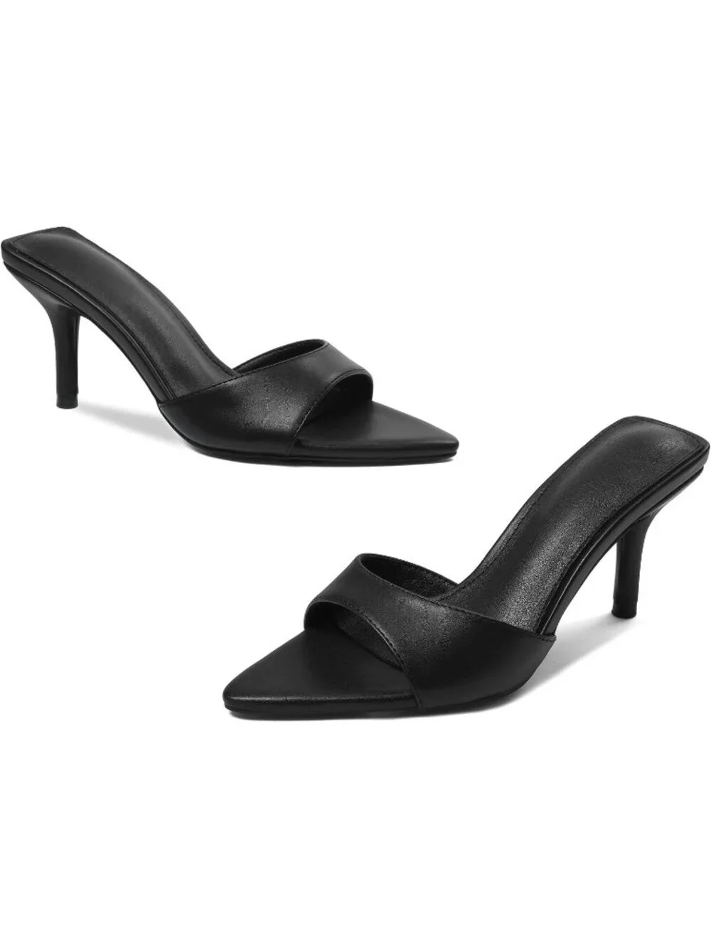 Women's Pu-Black Mules Kitten Heels Pointed Open Peep Toe High Heels Backless